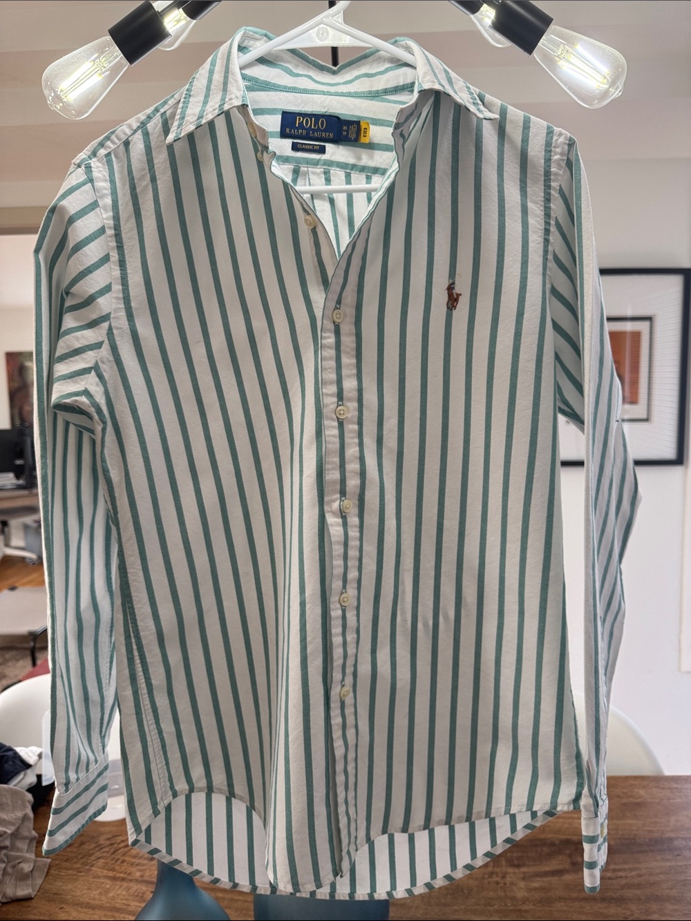 Polo by Ralph Lauren White Shirt with Green Vertical Stripes